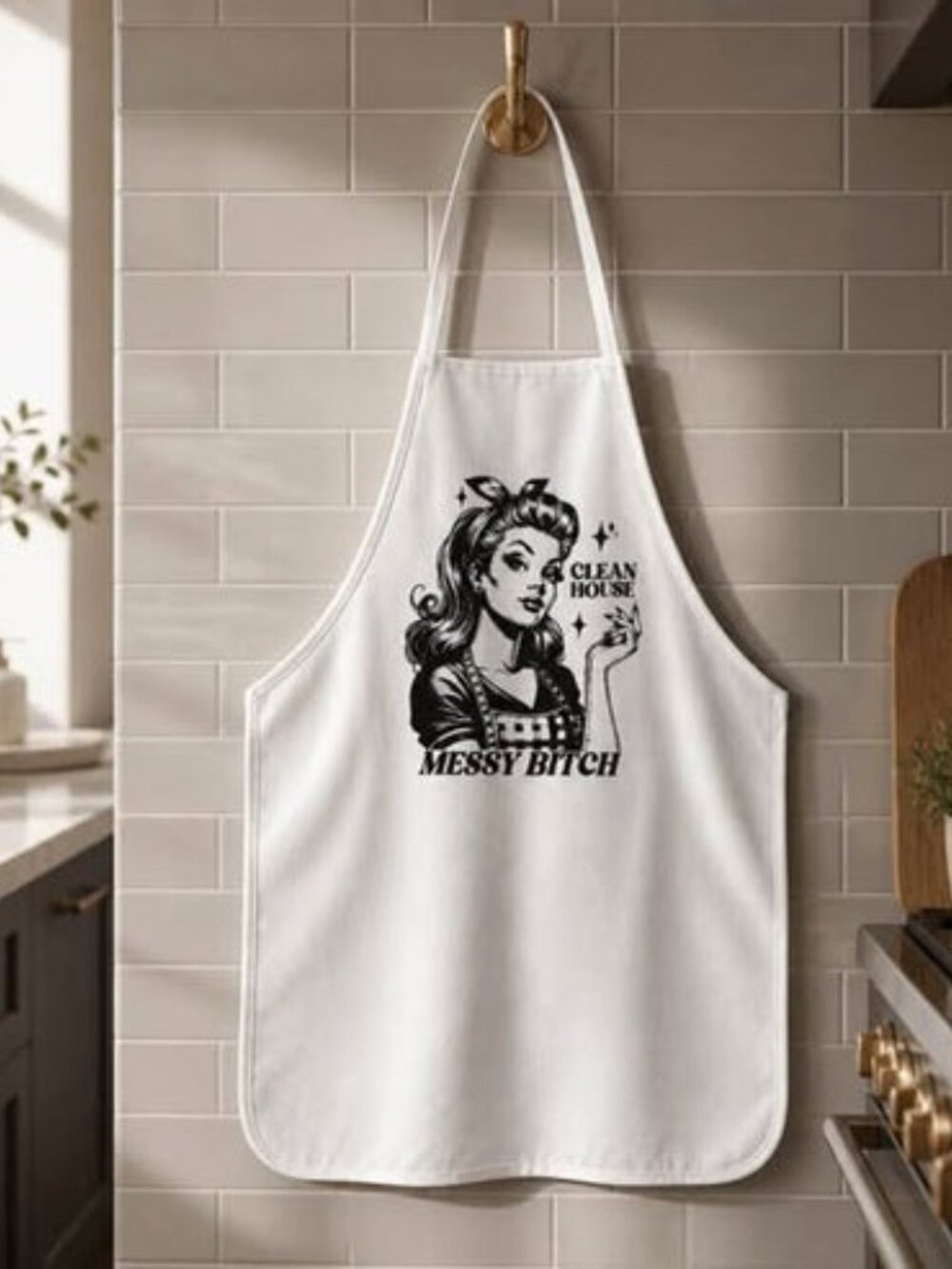 Clean House Messy Bi%$& White Retro Kitchen Apron - Picture 2 of 2
